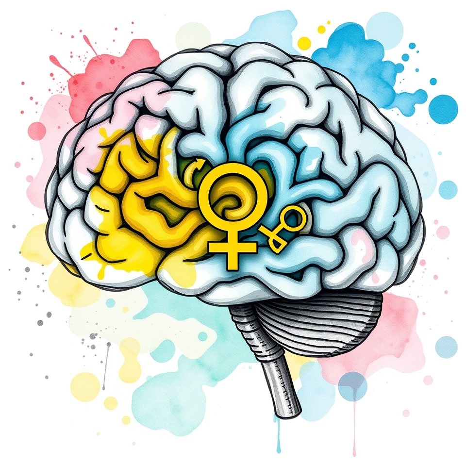 An image of a brain with the symbols for femininity and masculinity inside